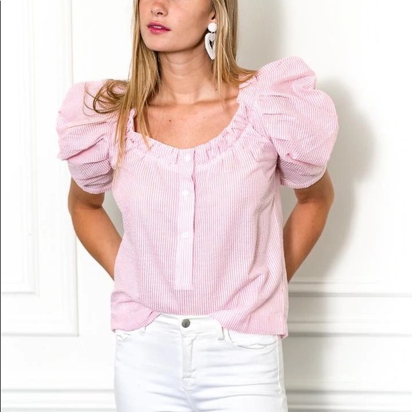 The Shirt by Rochelle Behrens Tops - The shirt by Rochelle Behrens The French Girl Shirt Pink White Puff Shoulder